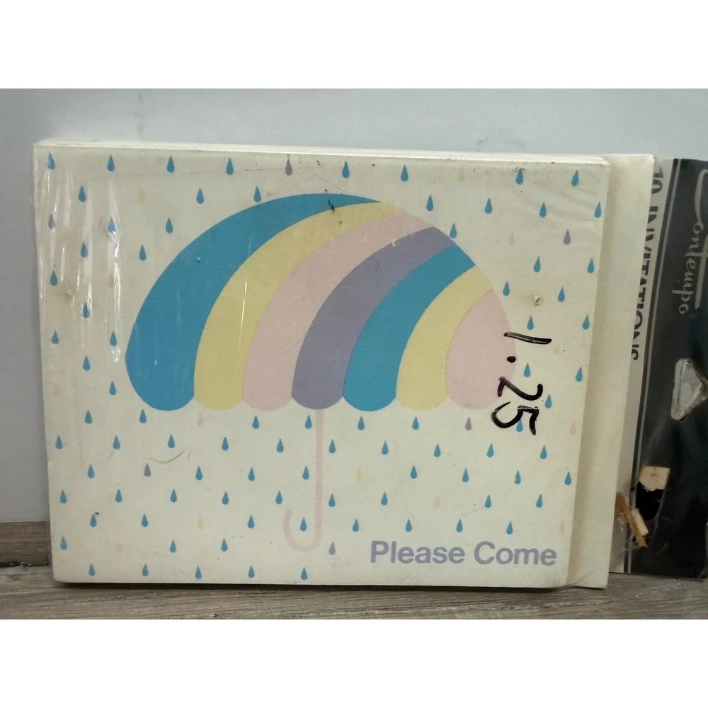 Vintage Contempo 10 Invitations Pastel Umbrella Raindrops Baby Bridal Shower